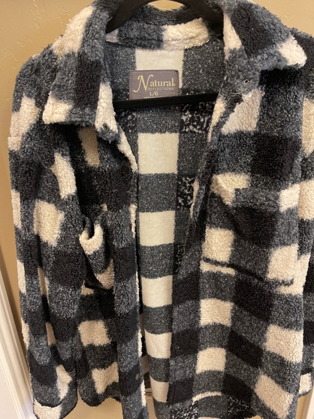 Natural Reflections Black & Cream Plaid Sherpa Jacket